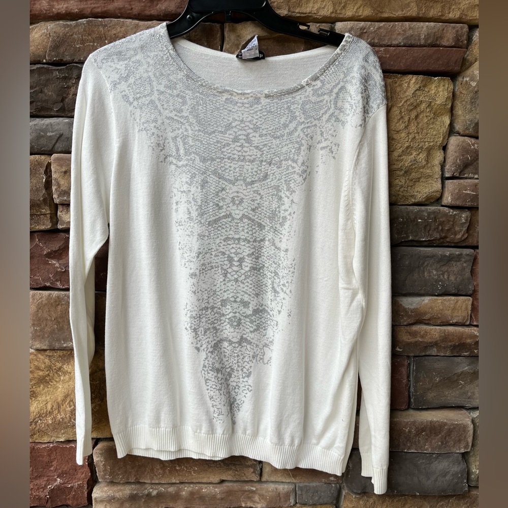 NWT Cream sweater silver sparkle snake print